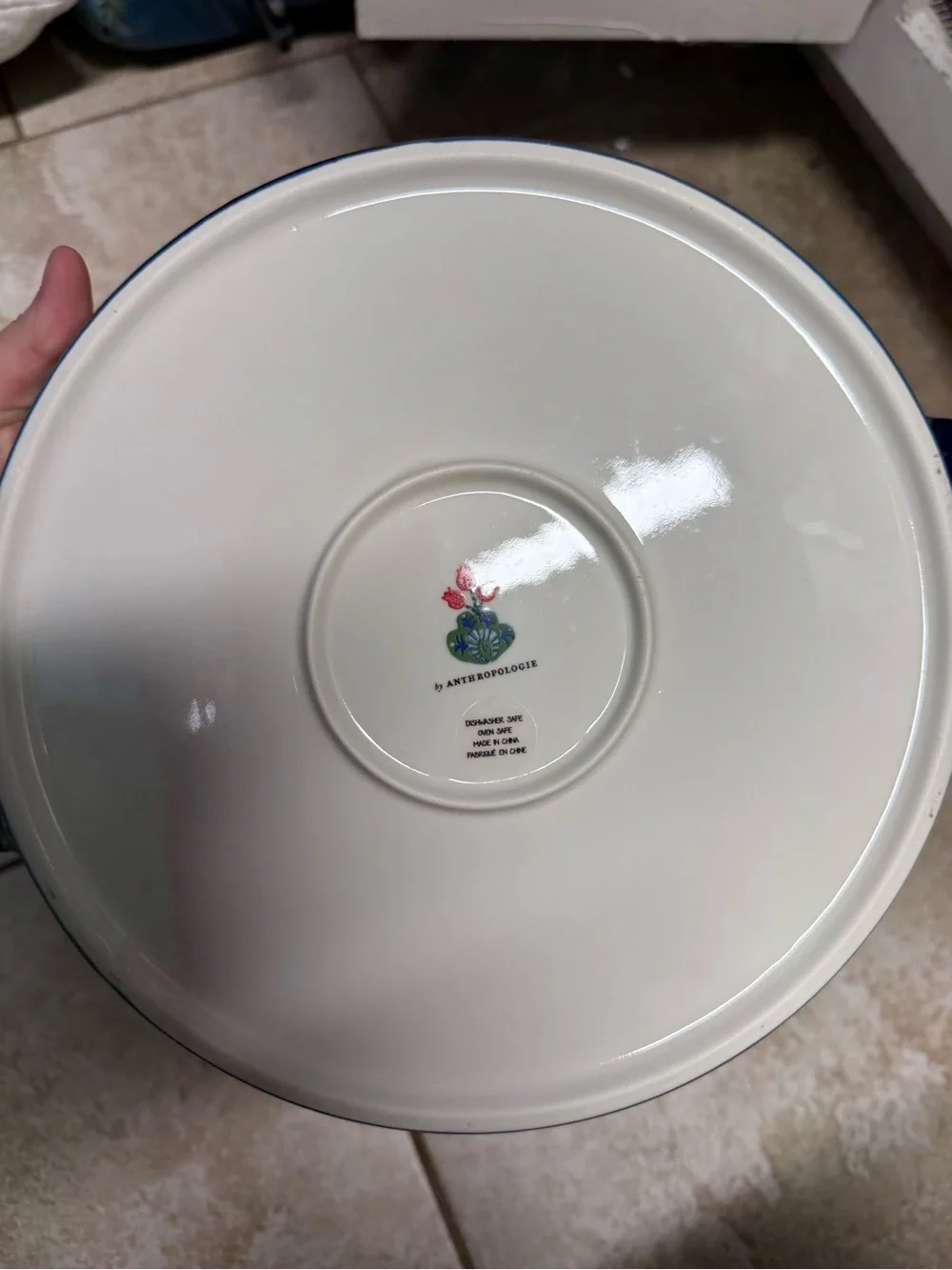 Anthropologie Folkloric Ceramic Pie Plate with Mustard Pear and Navy Trim